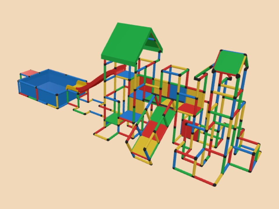 Meisterstück aus Kletterturm Rampe mit Freistehender Brücke sowie großem Spielturm Modularrutsche und Pool
