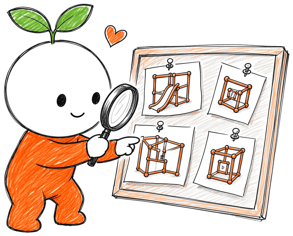 小麦举着放大镜，看展示板上钉着的几座攀爬架