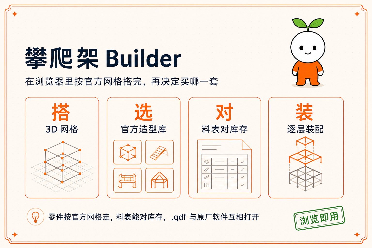 攀爬架 Builder：搭 3D 网格、选官方造型库、对料表库存、逐层装配